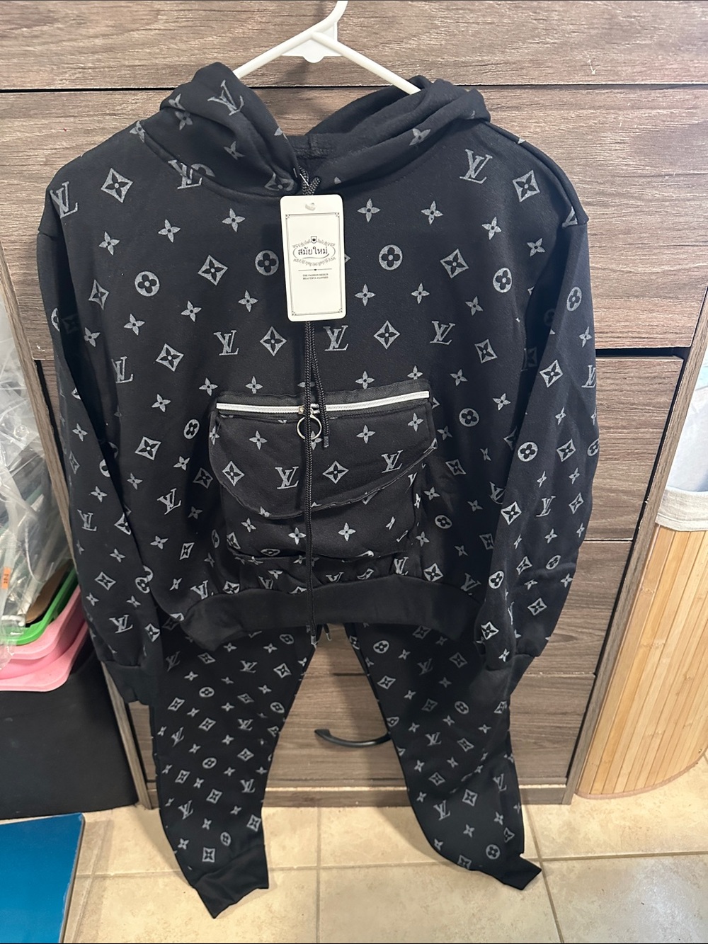 Kids Black & Gray Monogram Hoodie and Jogger Set